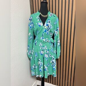 Maison Tara Green Floral Long Sleeve Belted Midi Dress